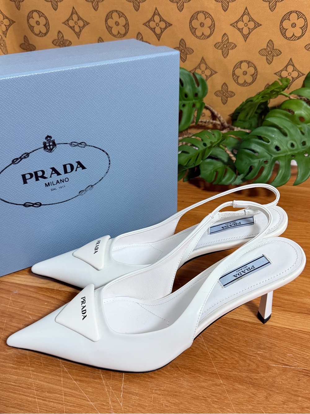WomenβsPrada White Pointed-Toe Slingback Heels